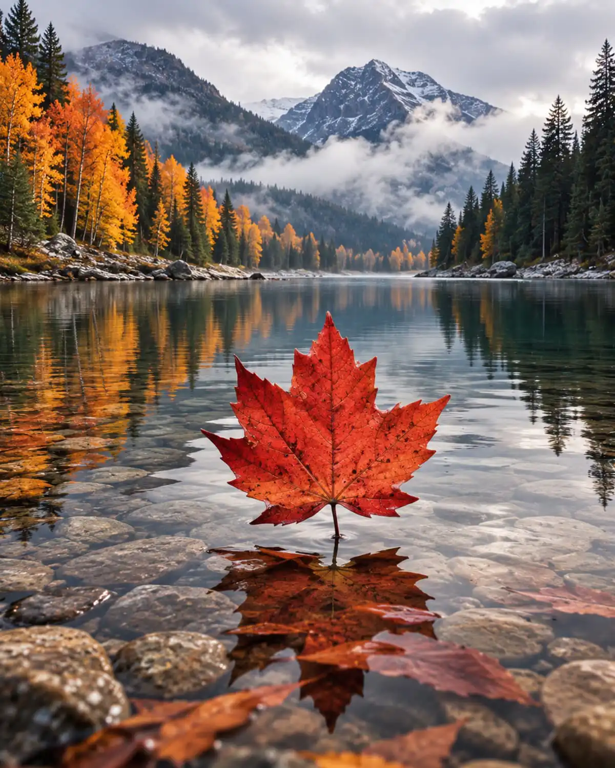 An autumn mountain lake with golden aspens and a red maple leaf in the foreground